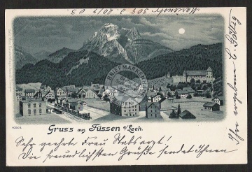 Füssen Lech Bahnhof Mondschein Litho 