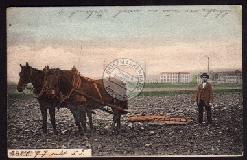 Bauer m Pferden Acker Hintergrund Fabrik 1905 