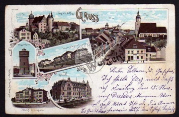 Litho Wurzen 1895 Wasserturm Post Kaserne Schule 