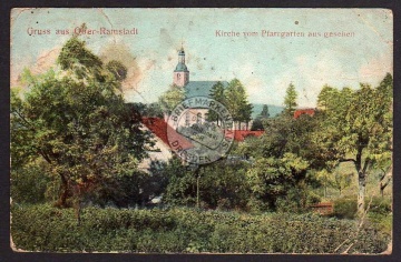 Ober Ramstadt 1912 Kirche v. Pfarrgarten aus 
