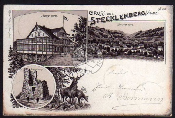 Litho Gebrigs Hotel Lauenburg 1898 Hirsch 