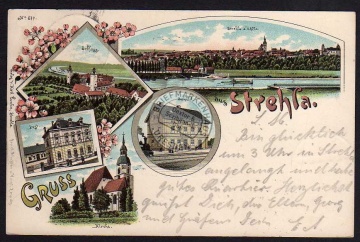 Strehla Elbe Litho 1896 Bahnhof Post Kirche 