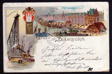 Hamburg Litho Hafen Riesenkran 1897 Wappen 