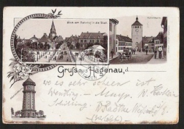 Litho Hagenau Wasserturm Ritterturm Blick v. Bahn 