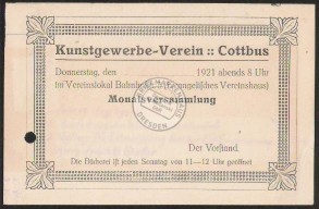 Cottbus Kunstgewerbeverein 7.6.1921 Einladung 