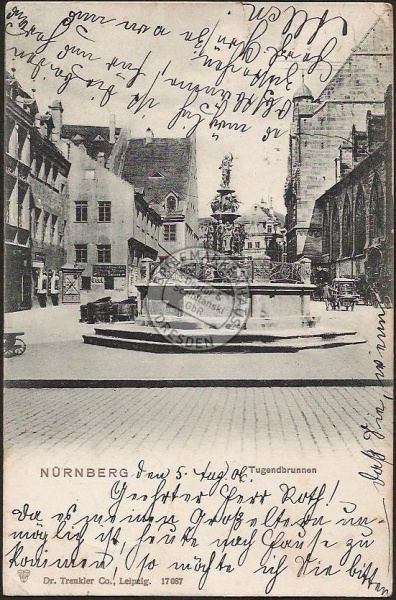 Nürnberg 1906 Tugendbrunnen Parfümerie Friseur 