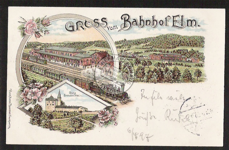 Litho Bahnhof Elm Zug Eisenbahn Dampflok 