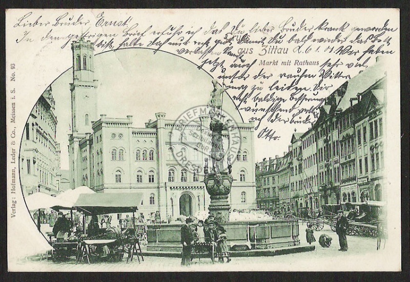 Zittau Markt mit Rathaus Brunnen 1901 