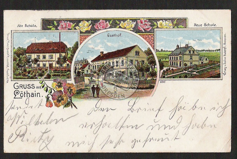 Litho Löthain Gasthof Alte Neue Schule 1901 