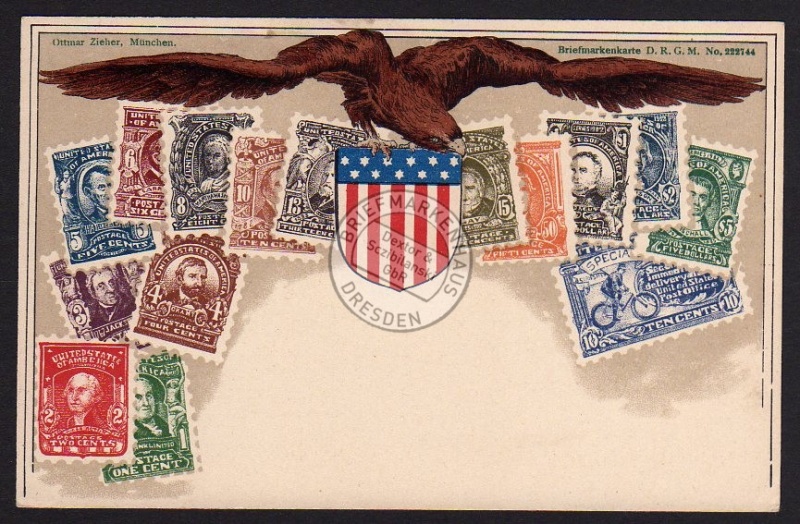 Briefmarkenkarte USA Ottomar Zieher München 