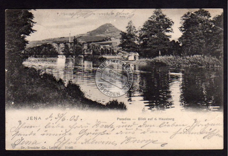 Jena Paradies Brücke Blick auf Hausberg 1903 