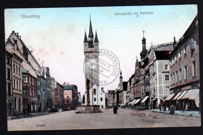 Straubing Ludwigsplatz mit Stadtturm 1909 