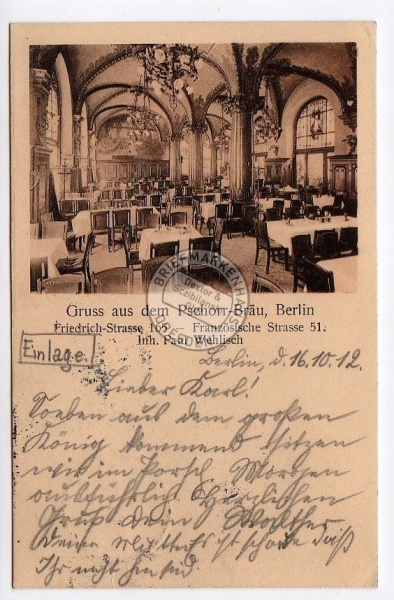 Berlin 1912 Restaurant Pschorr Bräu Friedrichs 