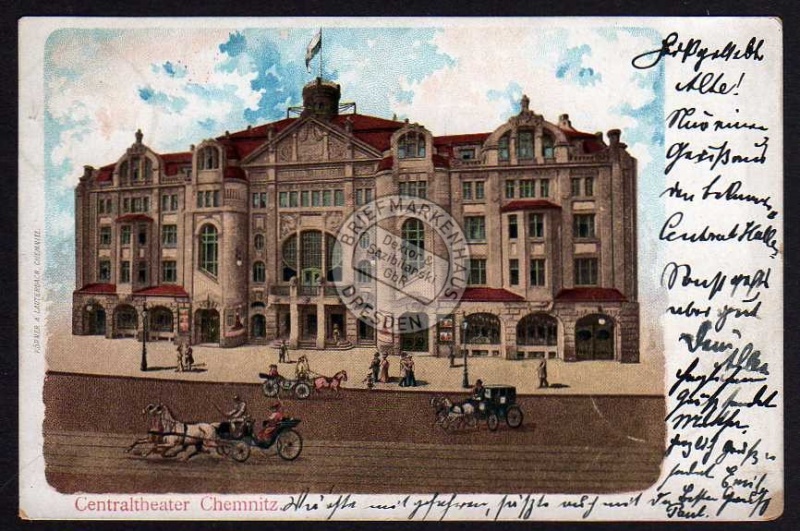 Chemnitz 1906 Centraltheater Pferde Kutschen 