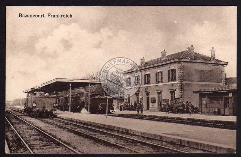 Bazancourt Bahnhof Lok Waggon Soldaten ca 1915 