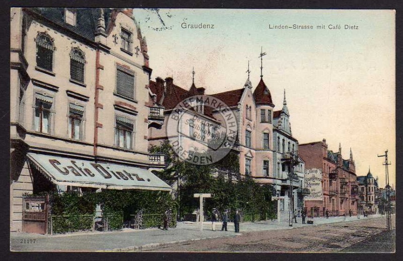 Graudenz Linden Strasse mit Cafe Dietz 1909 