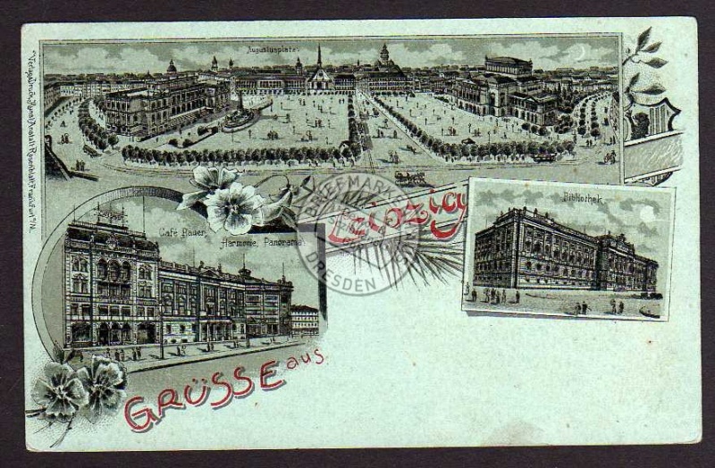 Leipzig 1900 Litho Cafe Bauer Bibliothek 