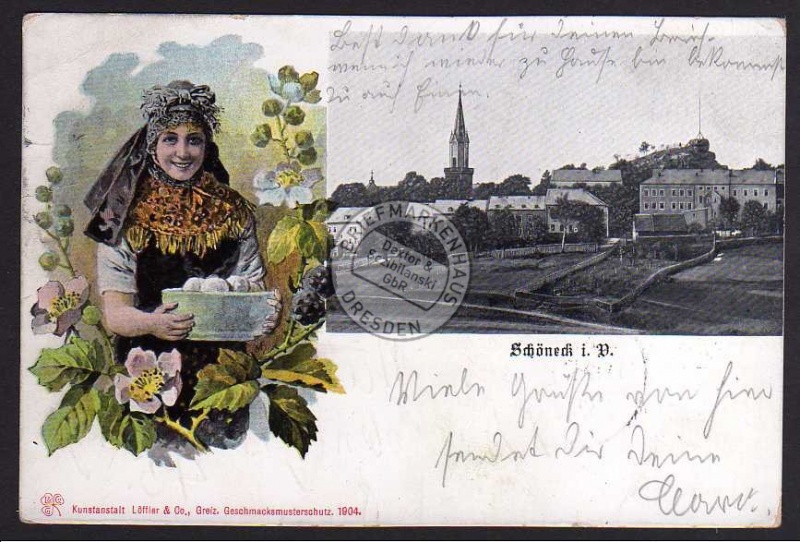 Schöneck Vogtland Frau Tracht Litho 1904 
