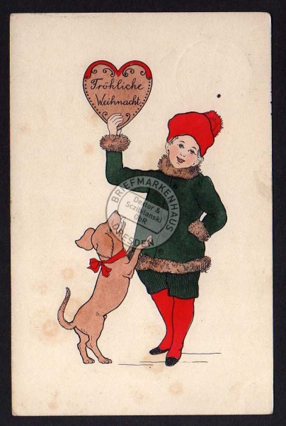 Weihnachten 1913 Hund Herz Pelz Künstlerkarte 
