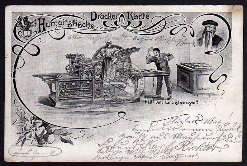 Gutenberg Drucker Druckmaschine Humor 1905 