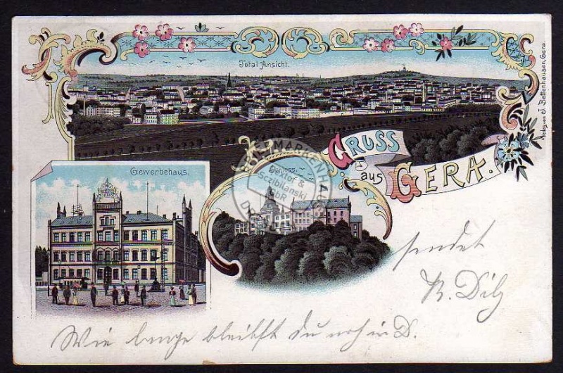 Gera Schloß Gewebehaus 1898 Litho 