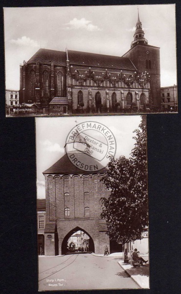 2 AK Stolp Pommern Neues Tor Marienkirche 