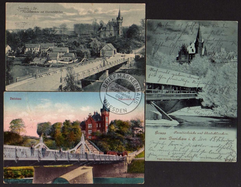 3 AK Zwickau Paradiesbrücke Ebertschlößchen 