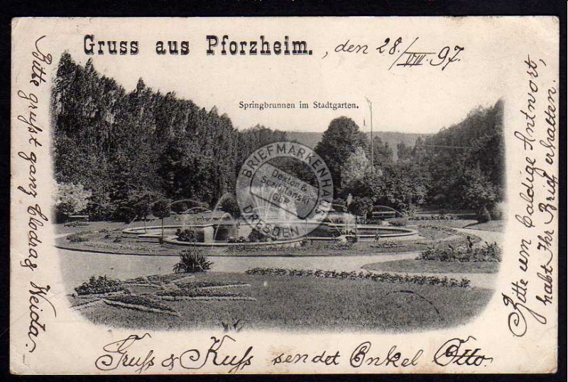 Pforzheim 1897 Springbrunnen im Stadtgarten 