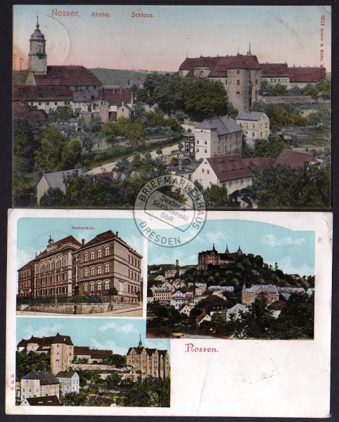 2 AK Nossen 1907 Stadtschule Schloß 1912 