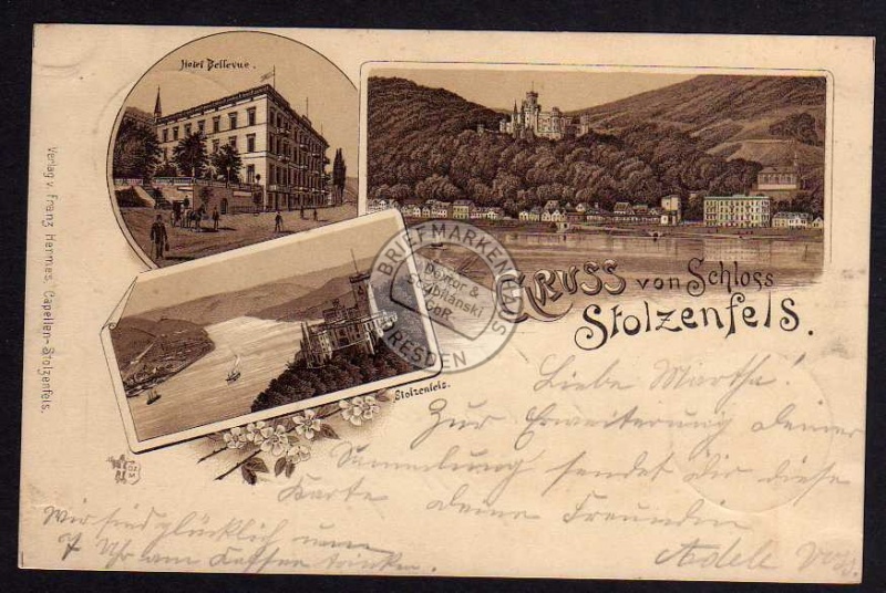 Schloss Stolzenfels Hotel Bellevue 1898 Litho 